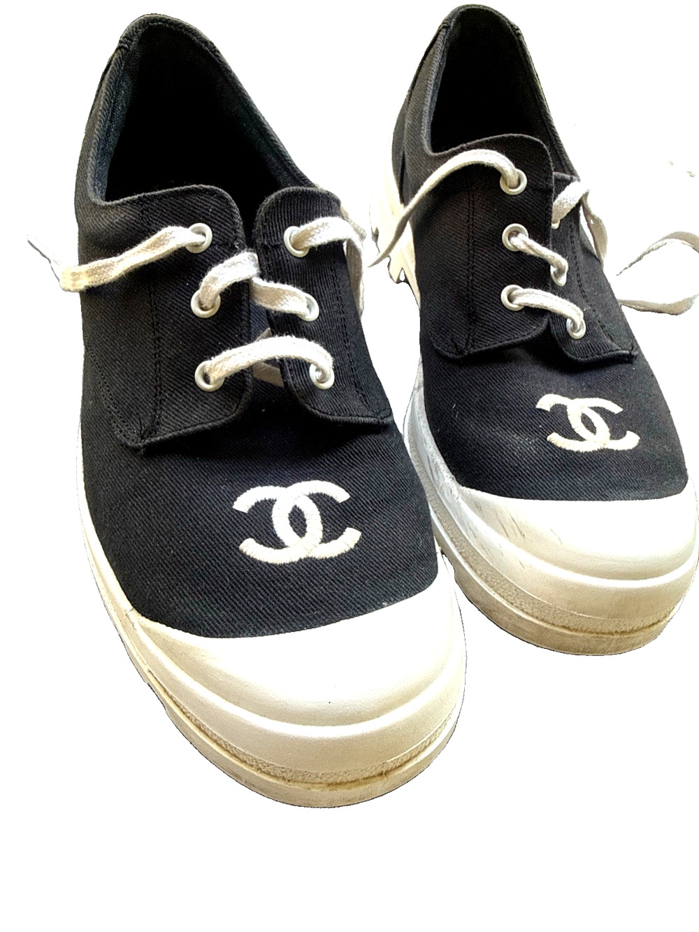CHANEL CC Logo Sneakers Black Canvas Cap Toe Low Top Shoes Trainers Women Sz 39